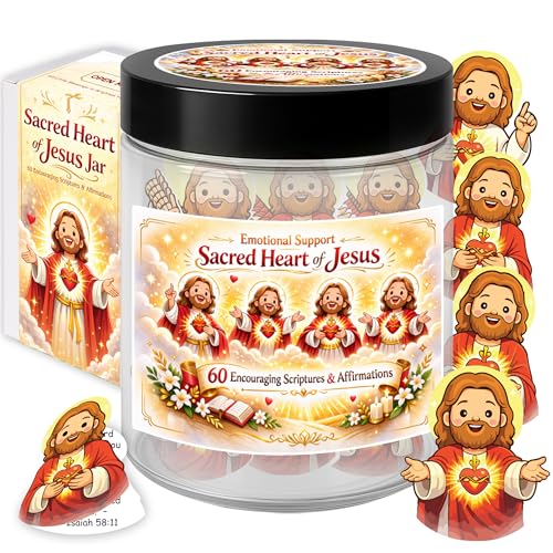 Emotional Support Sacred Heart of Jesus Jar, 60 Affirmation and Bible Cards | Christian Gifts for Women, Religious Birthday Gifts, Jesus Gift for Women, Double-Sided Faith-Based Jar for Men, Teens - color: KAT-K-Sacred Heart of Jesus Jar