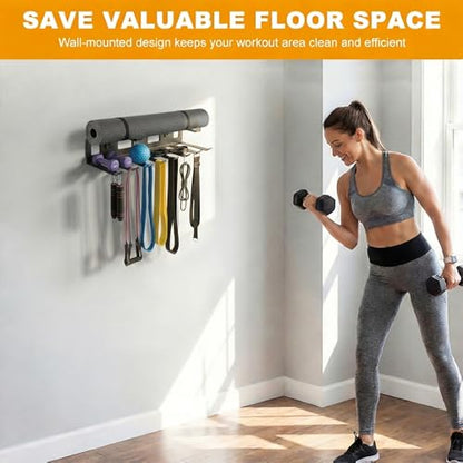 Wall Mounted Gym Equipment Storage Rack, Heavy Duty Steel Organizer with Top Floating Shelf, 2-Tiers Holding for Yoga Mat, Resistance Bands, Jump Ropes and Lifting Belts, Black