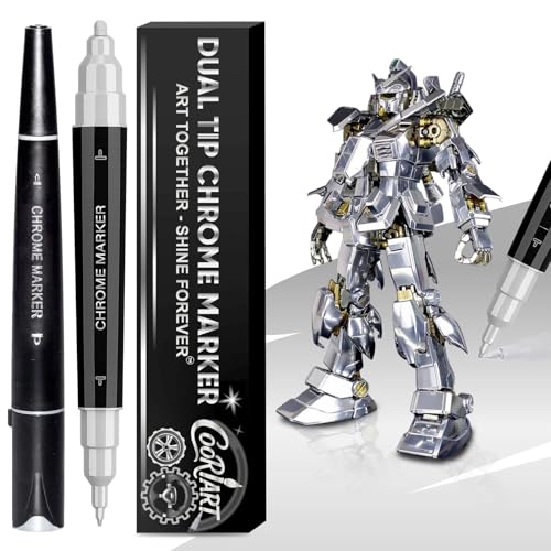 2PK Dual Tip Liquid Chrome Markers, Permanent Mirror Chrome Pens | 1mm & 2-5mm Reversible Tips Permanent Metallic High Gloss Marker for Metal, Plastic, Fabric, Model, Touch-Up & Repair Kit - color: 2PK Dual Tip - Chrome