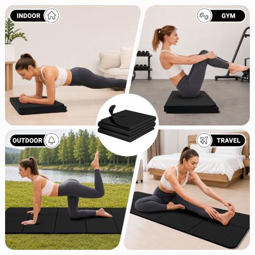Readaeer Foldable Yoga Mat for Travel Folding Yoga Mat 6mm Thick with Carrying Bag, Non-Slip TPE Exercise Pilates Mat for 72" L x 24" W x 0.24 Inch - color: Black