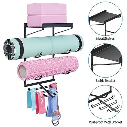 Yoga Mat Holder Wall Mount Storage Shelf Black & Hooks for Resistance Bands | All Metal Sturdy Wall Storage Organizer for Home Gym; 3 Tier for Yoga Mats, 7 Hooks for Bands & Workout Gear; Space Saving