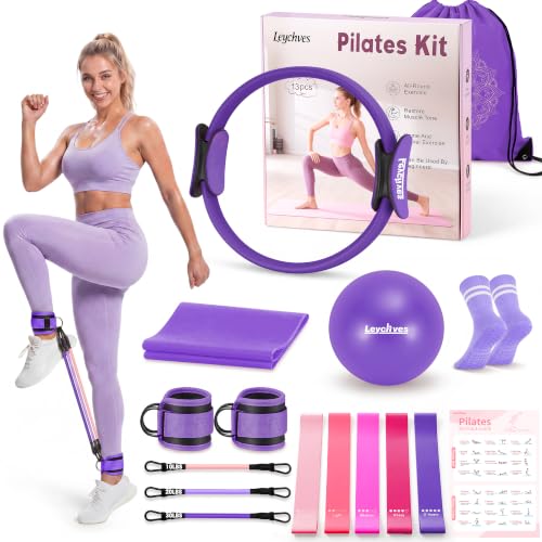 Home Pilates Essentials Kit for Women, Magic Circle Pilates Equipment Ring and Ball Set, Resistance Bands Workout Guide Video for 28 Day Pilates Challenge Starter Kit for Beginners - color: 14'' Ring – Purple