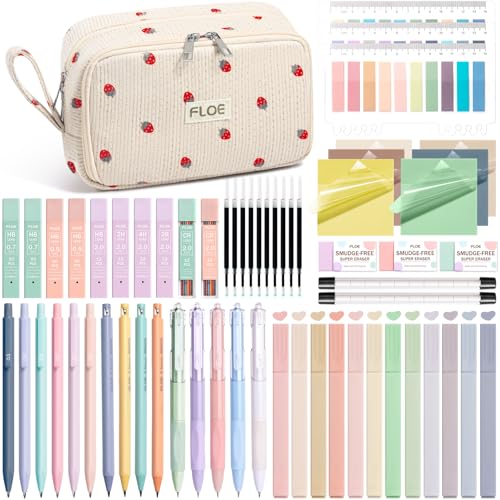 62PCS Aesthetic School Supplies Cute Back to School Supplies Stationary Set | College Preppy Essentials Kit with Large Pencil Pouch Case, Pastel Highlighters Gel Pens Mechanical Pencils for Student Girls - color: Beige Strawberry