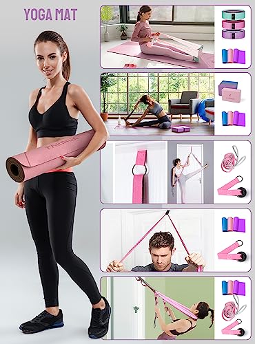 1/3 Yoga Mat Thick, Yoga Set for Beginners | Include High Density Mat with Multi-loops Strap, Blocks, Booty Resistance Band Set, Door Anchor, Carring Bag & Strap - color: BLUE&RED