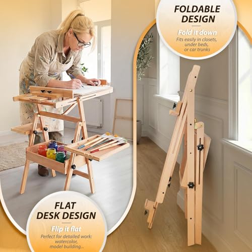Beech Wood H-Frame Painting Easel Stand,Flat & Upright Adjustable Art Easel | Adjustable height 48"-80" & tilt 0°-90", fits 30"-50" canvas, Foldable wooden easel with storage drawer & trays for adults - color: Warm Natural