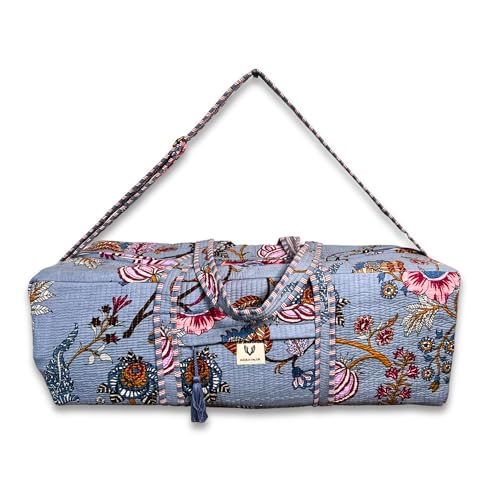 Large Capacity Handblock Printed Yoga Mat bag for Women, Gym Bag, Fits Yoga Blocks, Adjustable strap, Pilates, Gym, Fitness Block & Gear, Light and Durable - color: Frosted Bloom