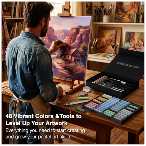 COLOUR BLOCK Soft Pastels All-in-One Art Set 66 PCS, 48 Nature Spectrum Colors Square Chalk Pastels, Blending Tools, Pencils, Brushes, Palette Knife, Pad for Beginners and Professional Artists