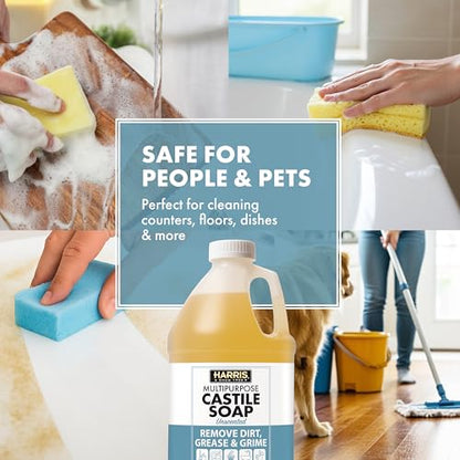 HARRIS Multi-Purpose Pure Liquid Castile Soap with Micro Fiber Towel for Home Cleaning, For Dish Soap, Laundry Detergent, Kitchen and Bathroom Surfaces, Kids Rooms, Unscented, 64 Oz