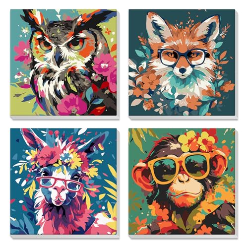 4 Pack Paint by Numbers Kit for Kids Beginner with Wooden Frame, Fantasy Owl, Fox, Llama, Monkey, Paint by Numbers Kit for Adults, Animal with Flowers, DIY Painting Kits for Home Wall Decor 8x8 inch - color: animal-03