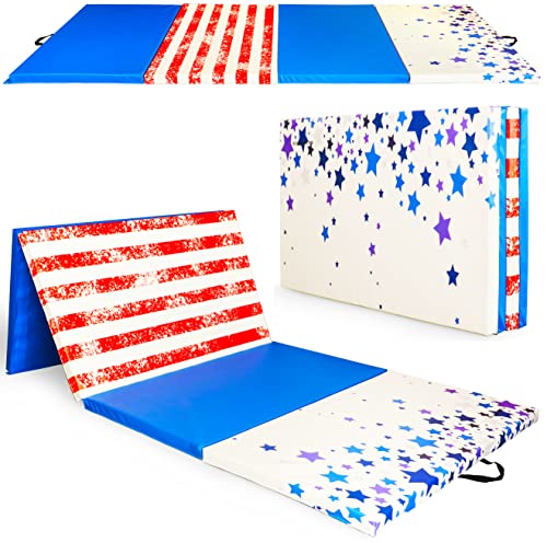 BalanceFrom 10x4 Feet 4-Panel Folding Gymnastics Mat – 2-Inch Thick Pad with Vinyl Surface and Carrying Handles for Tumbling, Yoga, Pilates, Home Workouts, and Martial Arts - color: Star-Stripe