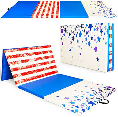 BalanceFrom 10x4 Feet 4-Panel Folding Gymnastics Mat – 2-Inch Thick Pad with Vinyl Surface and Carrying Handles for Tumbling, Yoga, Pilates, Home Workouts, and Martial Arts - color: Star-Stripe