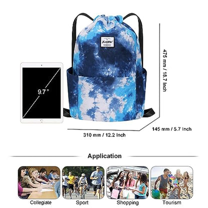 XEYOU Drawstring Backpack Bag Sport Gym Sackpack Beach Cinch Bag | Lightweight Swimming Bag, Water-Resistant Fabric, Travel Daypack for Women and Men - color: Gradient Blue White