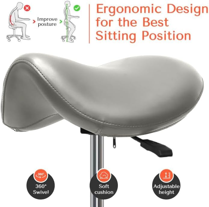 Ergonomic Saddle Chair,Heavy-Duty Rolling Stool with Wheels | 500lbs|Adjustable Height |360° swivel Silent PU casters|For Massage,Salon, barber ,tattoo,Spa ,Drafting,Clinic, Lab, Office - color: Grey