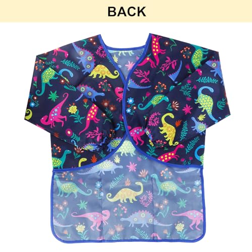 Kids Art Smocks Dinosaur Painting Aprons for Children Waterproof Artist Smock with Long Sleeve and 3 Pockets for Age 3-8 Years (Navy-blue) - color: Dinosaur (Blue)