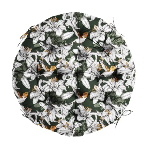 47" Round Tufted Floor Cushion, Thick Meditation Papasan with Ties | Filled with thick foam and ties. Soft padded surface keep long-sitting comfort, widely suited for indoor&outdoor seating. - color: White Flowers