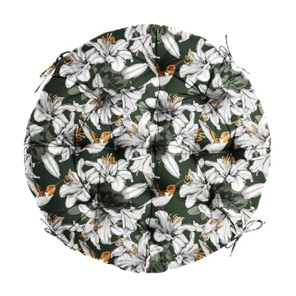 47" Round Tufted Floor Cushion, Thick Meditation Papasan with Ties - color: White Flowers