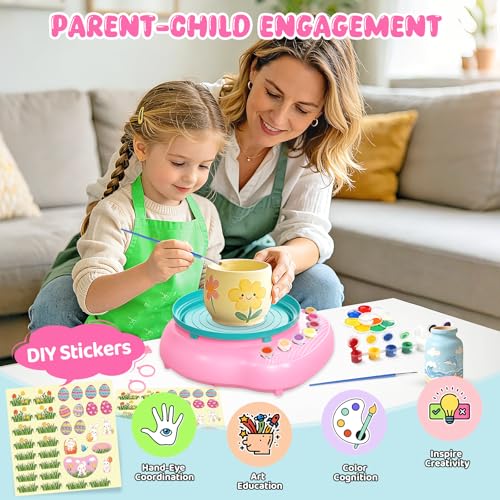 Weilim Pottery Wheel for Kids Beginners, Air-Dry Clay & Paint Kit Ages 6-12 | 3 Clay Packs, 14 Paint Colors, Sculpting Tools, Brushes, Palette,Apron; Gentle Beginner Spin, USB Rechargeable, No Oven - color: Easter