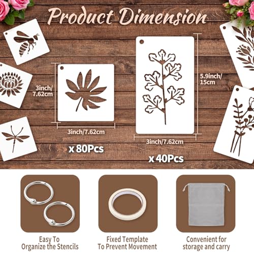 120Pcs Flower Stencils for Painting Reusable 3x6in with Ring Pouch | 2 Sizes Large Small, Wildflower Dragonfly Botanical Butterfly Stencils for DIY, Crafts, Wall, Fabric Art, Wood Signs