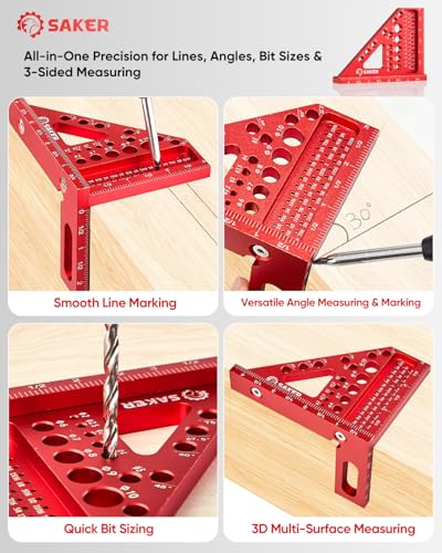 Saker 3D Multi-Angle Measuring Square Ruler, Aluminum Alloy Carpenter Square, 0-90° Precision Hole Scribing Ruler with Angle Pin for Woodworking, Engineering, and Construction Projects - size: 4.4inch