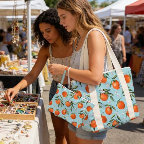 IAXIC Waterproof Tote Bag and Wet Bag Set, Summer Pattern Design for Beach Travel Gym Holiday Gifting - color: Mint Green Orange