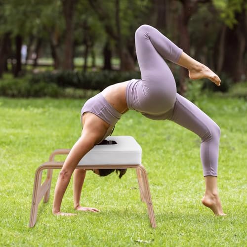 Yoga Headstand Bench PU Pad Headstand Trainer Max Load 300lbs | Yoga Headstand Bench Stress Relief Balance Trainer Supports with Wood Frame and Pu Pad Body Shaping Practice - color: White