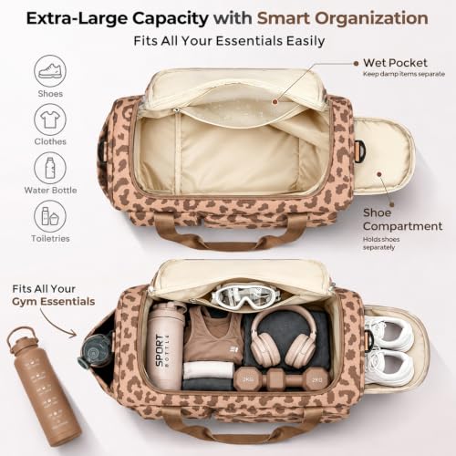 FIORETTO Women's Gym Duffle Bag with Shoes Compartment, 30L Capacity, Ideal for Travel, Gym, Sports, Duffel, Weekender - color: Leopard Brown, style: Gym Bag