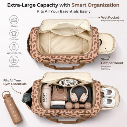 FIORETTO Women's Gym Duffle Bag with Shoes Compartment, 30L Capacity, Ideal for Travel, Gym, Sports, Duffel, Weekender - color: Leopard Brown, style: Gym Bag