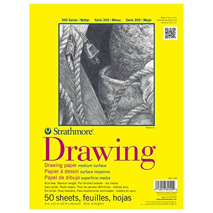 Strathmore 300 Series Tape Bound Drawing Pad, 70 lb. Drawing Paper, 9 X 12 inches, White, 50 Sheets (340-109) - size: 9x12, style: Glue Binding
