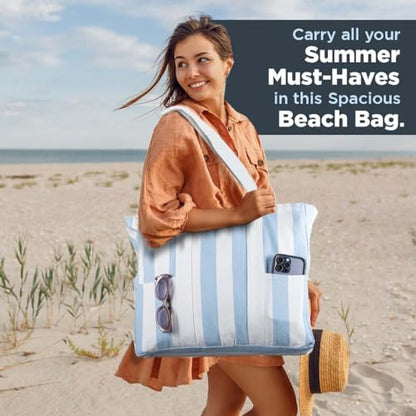 Folkulture Beach Tote Bags For Women, Beach Must Haves 2026-18x15 Inch | Waterproof,Sandproof, Large Tote Bags for Women, Swimming Pool, Beach Essentials, Simple Modern Pool Bag, Bolsos Para Mujeres - color: Ice Blue - Stripes