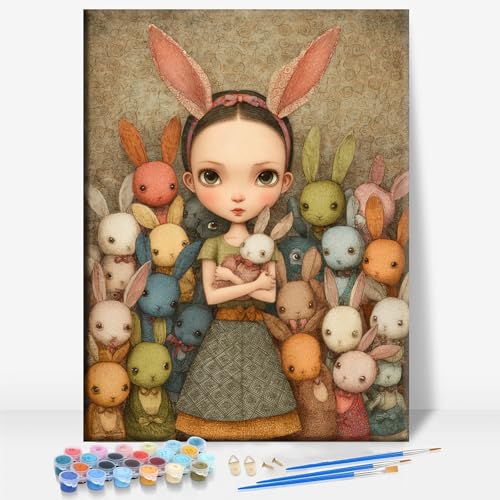 Aeontinity Doll in The Rabbit World Gothic Framed Canvas DIY Paint by Numbers Kit Bar Cafe Cave Home Room Wall Bathroom Porch Patio Decor Gift, 16 x 12 Inch - color: DOLL IN THE RABBIT WORLD