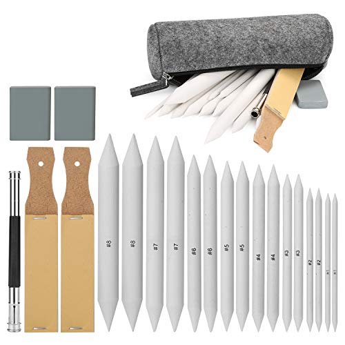 AGPTEK 22 PCS Sketch Drawing Tools, 16 Blending Stumps Set | 2 Sandpaper Pencil Sharpeners, 1 Pencil Extension Tool, 2 Erasers & 1 Felt Bag for Student Sketch Drawing Accessories