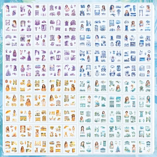 500PCS Scrapbook Stickers Kit, Retro House Coconut Tree Flowers People Transparent Waterproof Pet Stickers Set, Aesthetic Junk Journal Supplies for Scrapbooking, Journaling, Collage, DIY Art Crafts - color: Summer Rain and Sunshine