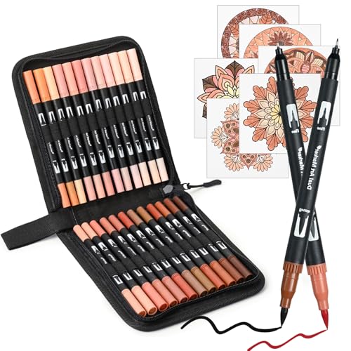 Skin Tone Dual Tip Brush Pen,Colored Fine & Brush Calligraphy Pens, Dual Tip Brown Markers for Adult Coloring Books Drawing Planner Calendar Art Sketch Outlining Sketching Calligraphy - color: Brown