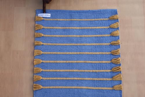 Jaipur art & Rugs Cotton Yoga Mat - Eco-Friendly Hand-Woven Rug - Non Slip & Thick (24”x72”x5mm) for Everyday Fitness at Home - Comfortable Extra-Long - color: Yellow Blue
