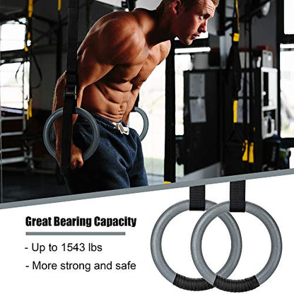 PACEARTH Gymnastic Rings 1100lbs Capacity with 14.76ft Adjustable Buckle Straps Pull Up Exercise Rings Non-Slip Rings for Home Gym Full Body Workout - color: Grey