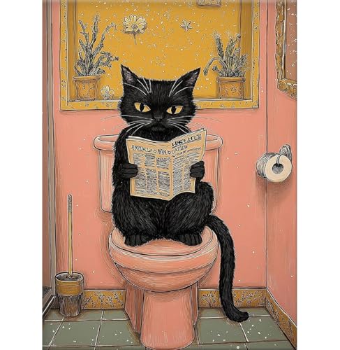Black Cat Diamond Art Kits for Adults Diamond Painting Kit for Beginner | Bathroom Animal 5D Funny DIY Diamond Dots Full Drill Crafts for Gem Art Dot Art for Adults Home Wall Decor for Teens 12x16 in - color: DP03409