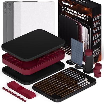 Nicpro Miniature Painting Kit with Wet Palette, Painting Handle & Brushes | Miniature Painting Handle, 11PCS Detail Paint Brushes Drybrush, 50PCS Wet Pallet Paper, 2PCS Sponge, Brush Holder - color: Red & Black