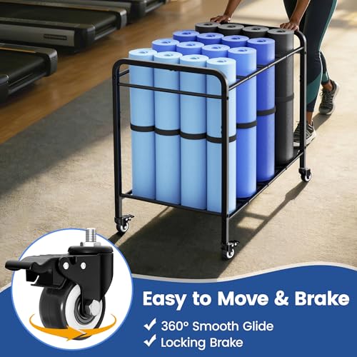 Heavy-Duty Rolling Yoga Mat Storage Cart, Holds 16+ Mats, Commercial-Grade Floor-Standing Metal Yoga Mat Rack for Gym,Fitness Classes, Yoga Studio & Home Gym, Black