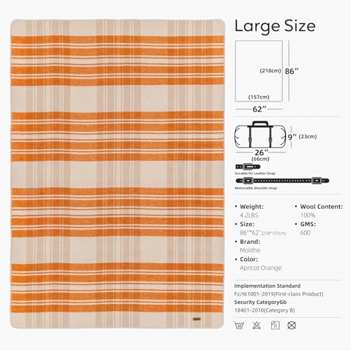 Molithe 100% Wool Blanket, 62" x 86", Warm, Thick, Military, Camping Gear - color: Apricot Orange