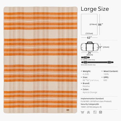 Molithe 100% Wool Blanket, 62" x 86", Warm, Thick, Military, Camping Gear - color: Apricot Orange