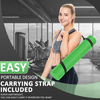 Fitvids All Purpose Thick High Density No Tear Exercise Yoga Mat with Strap & Lightweight Features for Indoor & Outdoor Use - color: Green