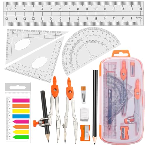 Akuoly Geometry Compass Set 2 Drafting Compasses with Maths Protractor Set Squares Ruler and More for Students Starters Homework etc. Orange