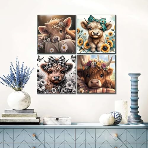 4 Pack Highland cattle Paint by Numbers kit for Adults and Kids | Cow Painting by Number Kits On Canvas, Number Artist DIY Oil Painting Acrylic Paints, Home Wall Decor 10x10in
