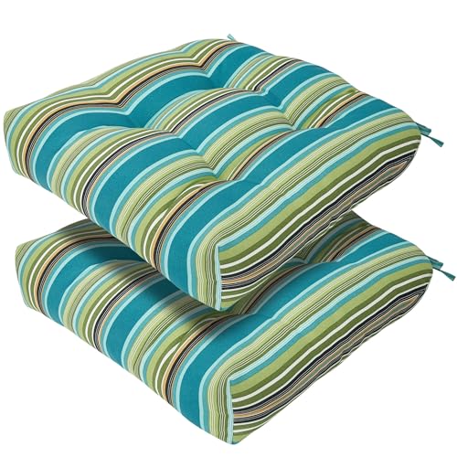 Magpie Fabrics Outdoor Tufted Seat Cushion 19"x19" Set of 2 (Green Striped) - color: Green Striped