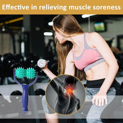 Handheld Spiky Massage Balls Rollers, 2 Wheel Spiky Massage Ball Rollers Silicone Manual Massage Roller with Handle Pressure Point Muscle Massage Tool for Foot Arm Body Neck Leg Pain Pressure Relief - color: Blue Green