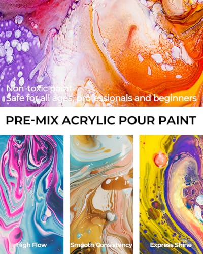 Nicpro 8 Colors Large Bulk Acrylic Pour Paint Set (33.8 oz, 1000 ml) Premixed High Flow Art Pouring Paint Supplies Kit with Silicone Pour Oil, Gloves for Beginner Cell Creation Flow DIY, Ready to Pour | High Flow Art Pouring Paint Supplies Kit with Silico