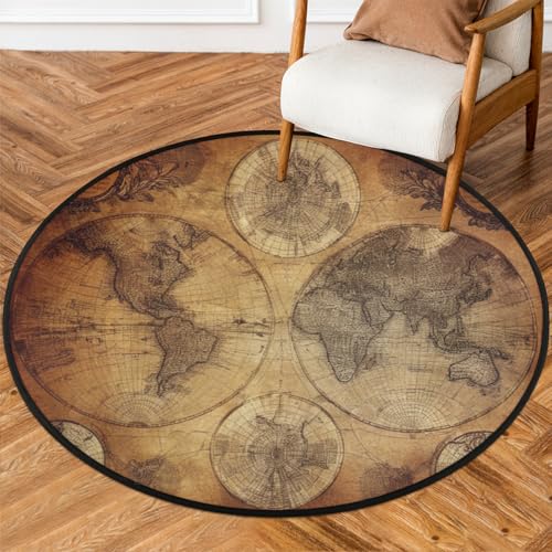 Vintage World Map Round Area Rug 3Ft Education Map Circle Floor Mat Carpet - color: World Map, size: 3 ft
