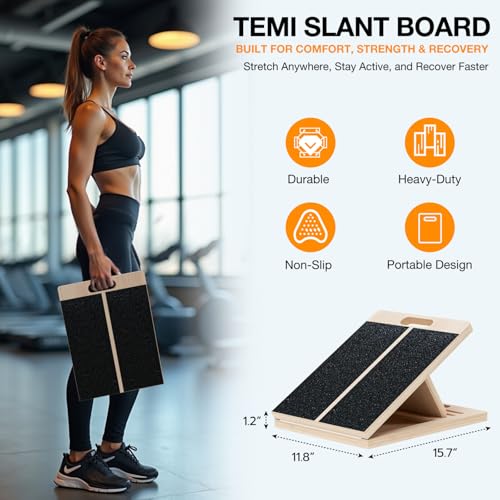 TEMI Slant Board for Calf-Stretching - Wooden Incline Wedge Stretcher for Squats, Foot & Ankle Mobility, Portable Fitness Equipment, Balance Block for Heel Stretch - style: Slant Board
