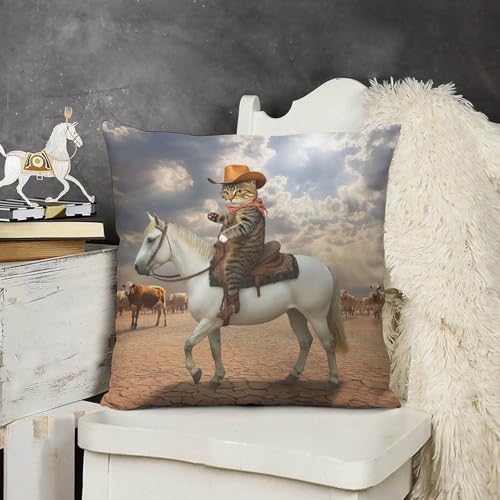 Funny Cat Cowboy Cat Riding Horse Throw Pillow Covers 18x18 Inch - color: Funny Cat Cowboy Cat Riding Horse