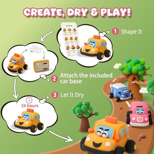 Air Dry Clay Kit for Kids - 3 Boxes Pull Back Car Making | Modeling Clay with Sculpting Tools, Base, Backing Board, Tutorial, Ultra Light & Soft, Creative DIY Arts and Crafts Toys - color: Daily Commuters